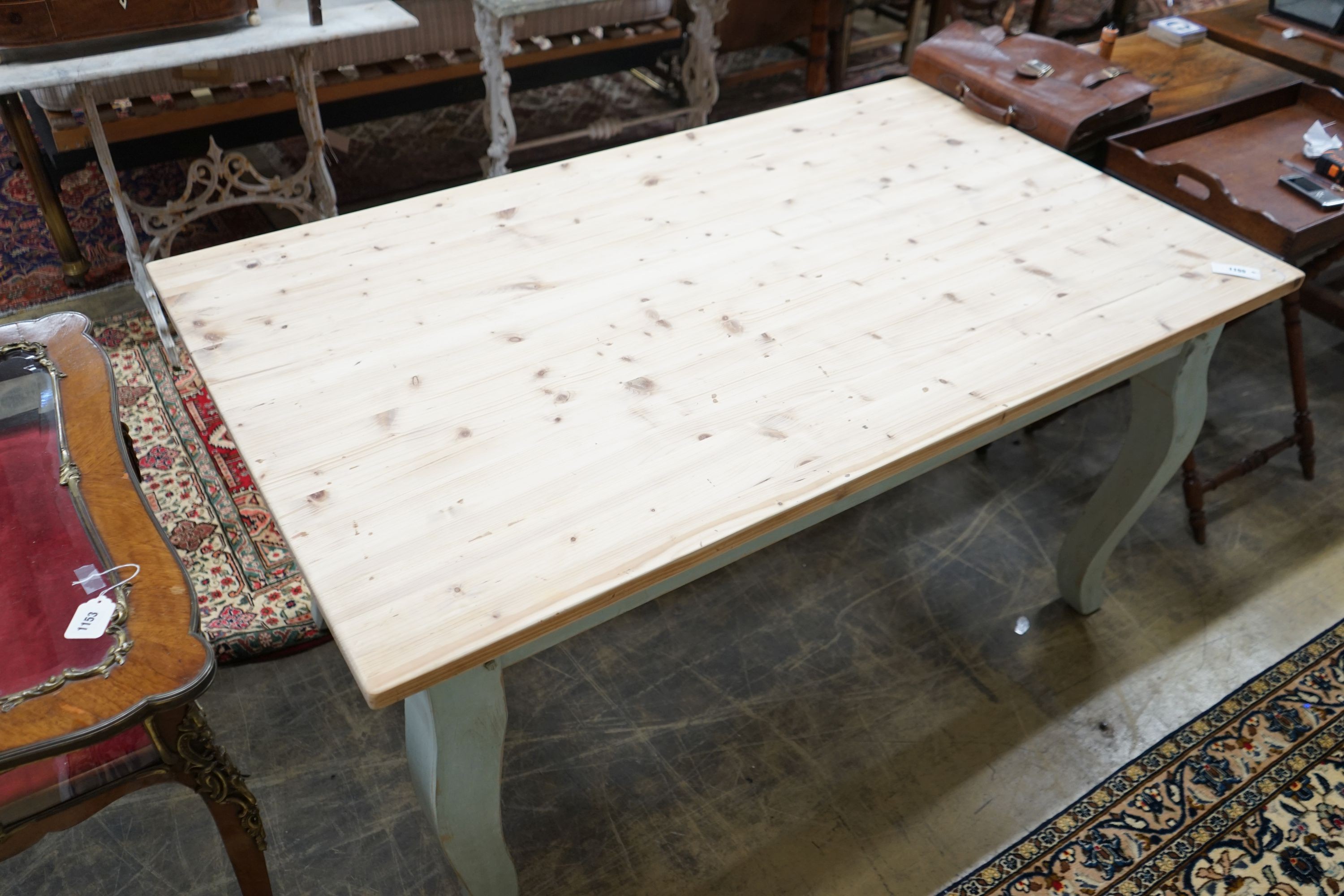 A French style part painted pine kitchen table, width 152cm, depth 91cm, height 78cm